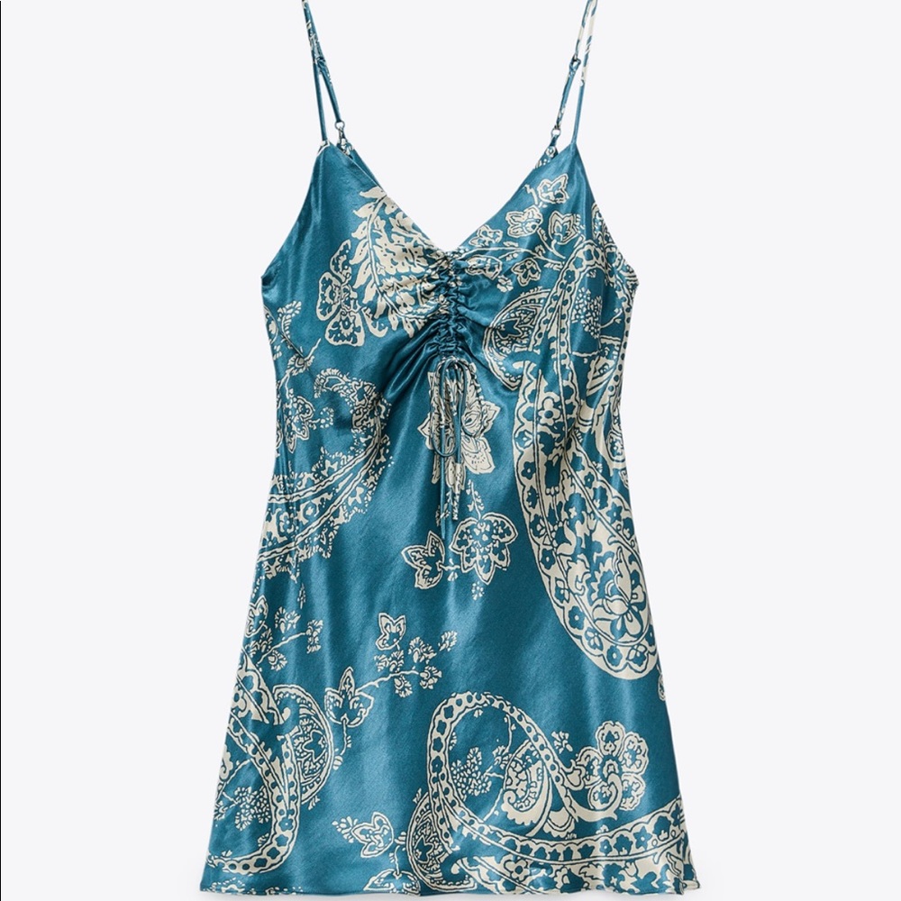 NWOT Zara blue paisley print satin effect slip dress